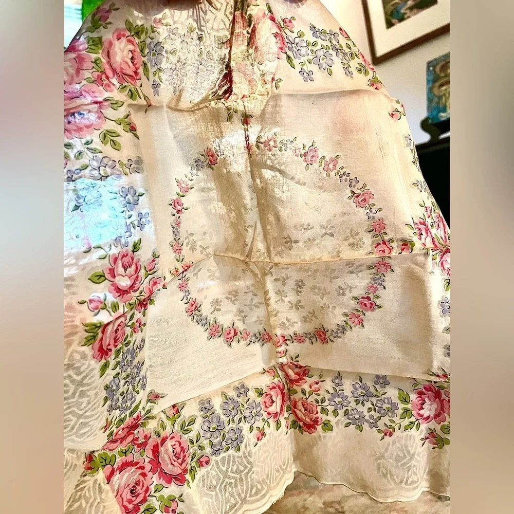Vintage Franshaw Pink Rose Floral Handkerchief Cotton Batiste Collectible Hanky